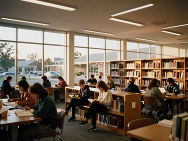 Warm editorial photography of a modern library interior with large windows, local community reading, warm natural light, 35mm film style.