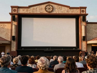 Warm editorial photography of a local cinema hall screen, retro architecture, community gathering, warm light, 35mm film style.