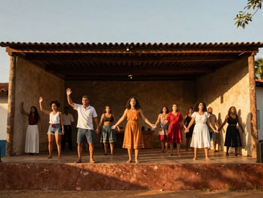 Wide shot of a local theater group performing on an outdoor stage in Três Lagoas, dramatic golden hour lighting, expressive movement, authentic local community.