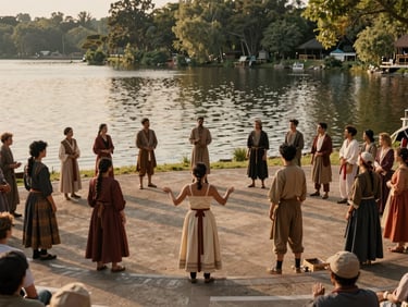 An outdoor theater performance by a lake during golden hour, actors in expressive costumes, warm natural lighting, 35mm film style