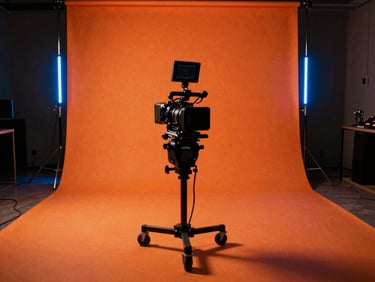 Behind-the-scenes video shoot on a physical studio floor, high-contrast lighting, camera rig visible, neon blue edge-lights, 35mm film grain.