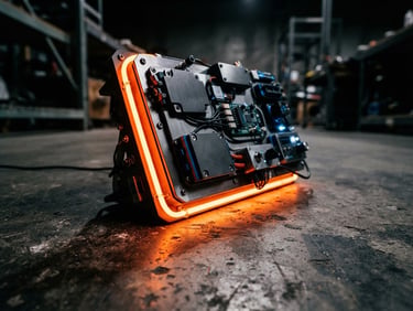 Low angle high-contrast studio flash photography of a physical design mockup on a concrete floor with vibrant orange neon edge-lights, 35mm film grain