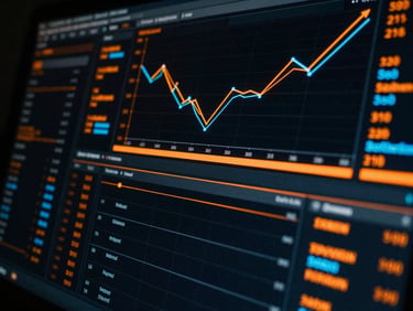 Close-up of a sleek digital advertising dashboard on a dark screen with vibrant orange and electric blue data visualization lines