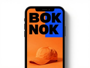 High-contrast mockup of a brutalist mobile e-commerce interface with bold black typography and vibrant orange product shots