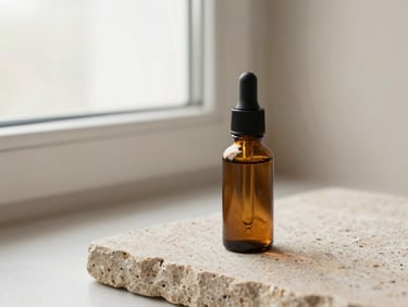An amber glass dropper bottle on a raw stone surface, soft window light, warm minimalist, 35mm