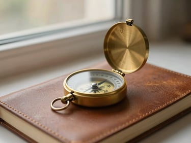 A minimalist brass pocket compass resting on a worn leather journal, soft golden hour light, shallow depth of field