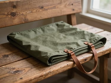 A folded olive green canvas picnic mat with leather straps resting on a rustic wooden bench, soft side lighting, warm tones