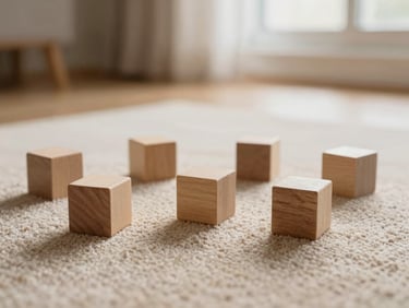 Simple wooden building blocks arranged on a soft beige rug, natural light, warm tones, 35mm
