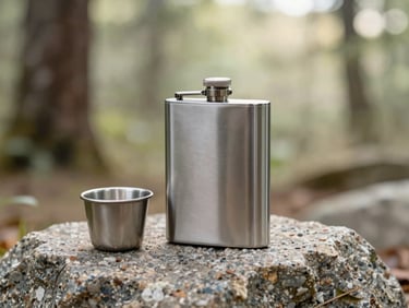 An insulated stainless steel flask standing next to a small metal cup on a flat granite rock, soft forest background, natural light