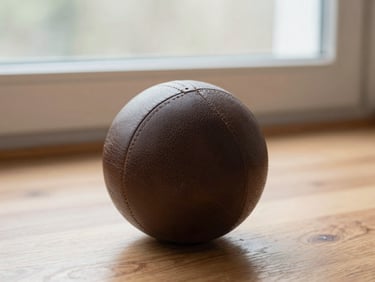 A heavy textured medicine ball made of dark brown leather resting on a clean wooden floor, soft side lighting from a window, shallow depth of field, 35mm