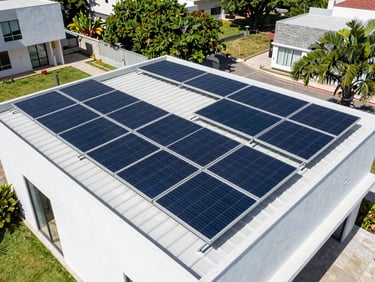 Drone perspective of clean solar panels installed on a modern residential roof in São Paulo, bright direct sunlight, crisp architectural photography, 35mm