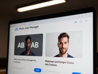 Close-up of a screen displaying Meta Ads Manager with an active A/B creative test running, two ad variants side by side, studio lighting overhead, no glare, metrics visible
