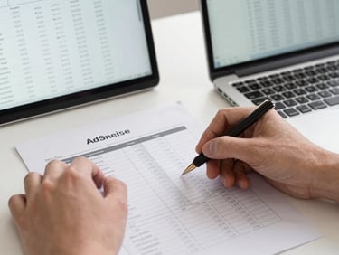 Close-up of hands annotating a printed AdSense placement report on a desk, a laptop open beside it showing inventory data, clean studio lighting, no glare on screen
