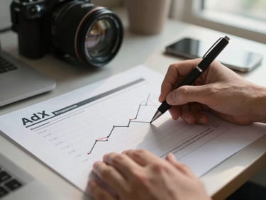 Hands annotating a printed AdX programmatic report on a desk under natural window light, pen mid-stroke on a line graph, workspace visible in soft background blur