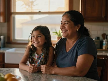 Warm editorial photograph of a smiling Hispanic mother and daughter sitting at a kitchen table in Santa Ana, natural golden-hour light filtering through the window, authentic candid moment, 35mm