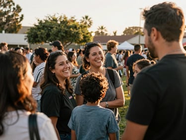 Warm editorial photography of a vibrant outdoor community gathering in Orange County, local families smiling, natural golden-hour light, candid moment of connection, 35mm