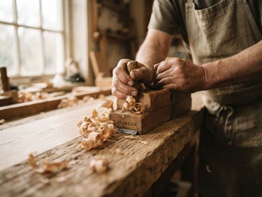 Macro photograph of a master carpenter's hands using a traditional wooden hand plane on a massive local oak plank, soft natural side light from a workshop window, rich wood shavings, warm editorial tone, shallow depth of field, 35mm