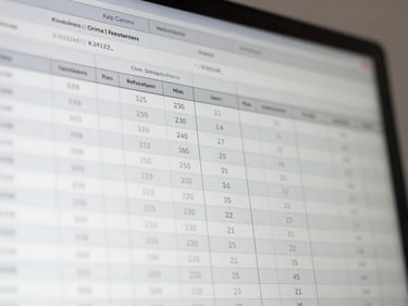 Macro shot of structured financial spreadsheet on a clean monitor, cool desaturated tones, sharp contrast, bright daylight
