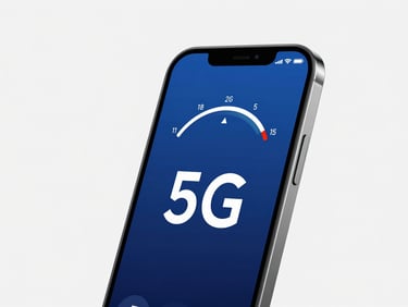 A modern phone displaying a high-speed 5G speed test indicator, sharp focus, bright high-key studio light