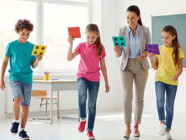 Dynamic medium-close action shot of a smiling teacher and three diverse preteens in a bright classroom, holding colorful math cards while balancing on one foot, crisp natural daylight.