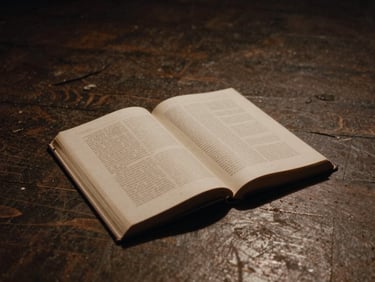 An annotated theater script book lying open on a dark wooden stage floor, soft dramatic spotlight, warm muted tones, cinematic, 35mm film grain.