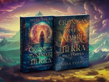 Spanish fantasy novels Crónicas de la Madre Tierra by Silea Evans against a surreal mountain landscape.