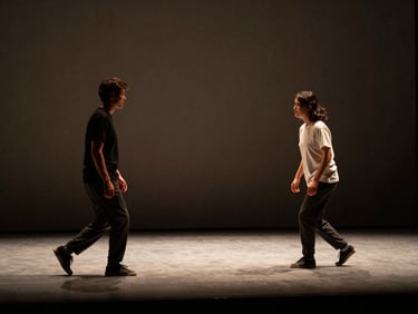 A theatrical stage rehearsal with two actors in motion, dramatic low-key lighting, soft shadows, warm muted tones, cinematic.