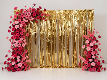 Wide shot of a glam event backdrop panel covered in cascading gold fringe and hot pink florals, bright even lighting, clean white floor, no people, full color saturation