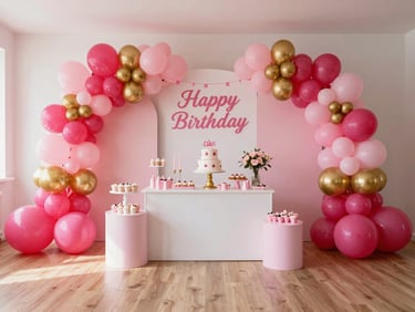 Wide environmental shot of a fully styled themed birthday party room with coordinated hot pink and gold decor, balloon columns, banner, and dessert table, bright warm studio lighting, no people