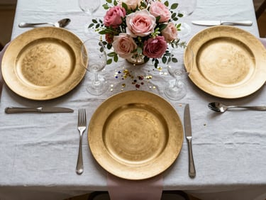 Overhead flat lay of a styled party tablescape with gold charger plates, pink floral centerpiece, confetti, and layered linens, bright natural window light, sharp focus on textures
