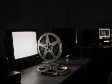 Moody black-and-white still of an empty film editing bay, a glowing monitor casting soft light on a vintage tape reel, anamorphic lens