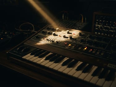 Moody cinematic close-up of a vintage analog synthesizer, single shaft of warm gold light cutting through deep shadows in a dark studio, anamorphic lens, 35mm film grain