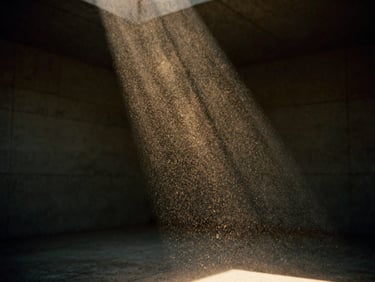 Extreme close-up of dust motes suspended in a single shaft of harsh light cutting through a dark, empty concrete room, 35mm film grain