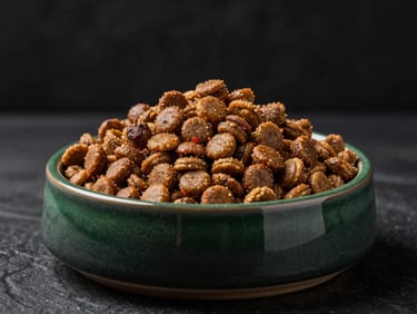 Premium grain-free dog kibble in a dark ceramic bowl, studio lighting, rich brown accents, sharp focus, 50mm lens