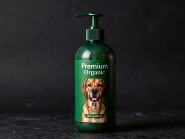 Premium dog shampoo bottle with organic ingredients, studio lighting, dark textured background, rich green accents, 50mm lens