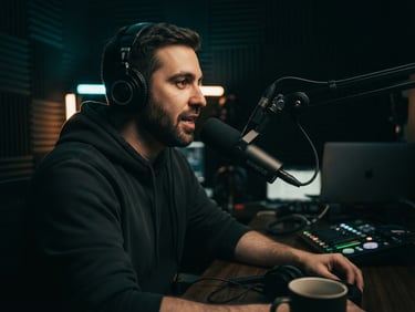Cinematic close-up of a professional podcast studio setup, warm teal rim lighting, deep shadows, 50mm lens
