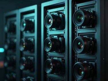 Close-up of high-end camera gear and server racks in a dark studio, illuminated by sharp neon-teal accent lights, shallow depth of field