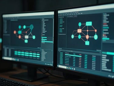 Cinematic close-up of dual high-end monitors displaying complex data flows and automation node graphs, moody low-key studio lighting with sharp neon-teal rim highlights, shallow depth of field, 50mm lens