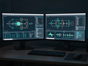 Dual monitors displaying technical architecture diagrams and data streams on a clean obsidian desk, cinematic low-key lighting