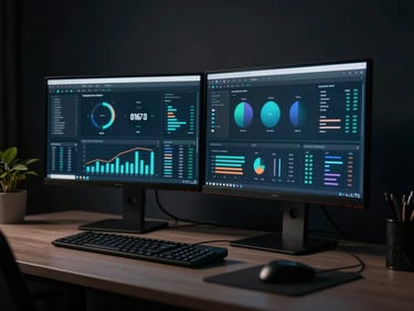Sleek modern workspace with dual monitors showing digital marketing analytics and data flows, moody low-key lighting