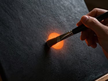 Hands holding paint brushes over a textured dark canvas, warm orange rim light, dramatic shadows, macro photography.