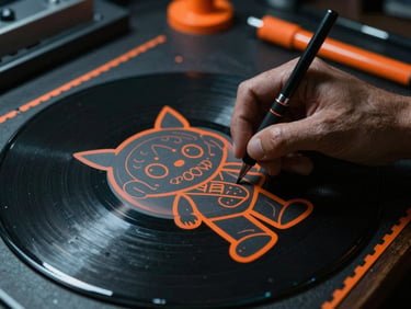 Detailed close-up of a designer customising a vinyl art toy on a dark workbench, industrial safety-orange accents, 35mm film grain.