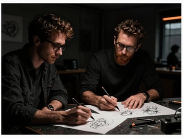High-contrast chiaroscuro portrait of creative minds discussing sketches in a dark industrial studio, warm orange rim light.
