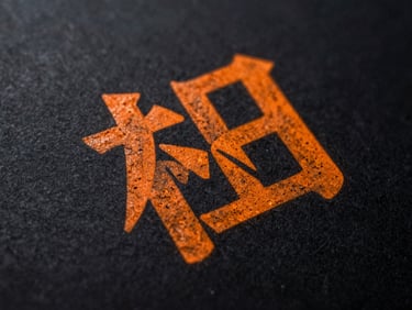 Macro shot of textured black archival paper with a bold orange screen-printed graphic, dramatic side lighting