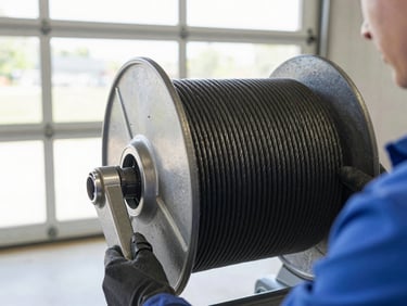 Close-up of a garage door cable being re-spooled onto a drum by a technician, bright garage lighting, industrial tones.