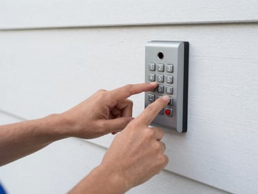 Technician programming a new garage door keypad, focus on the keypad and hands, natural daylight.