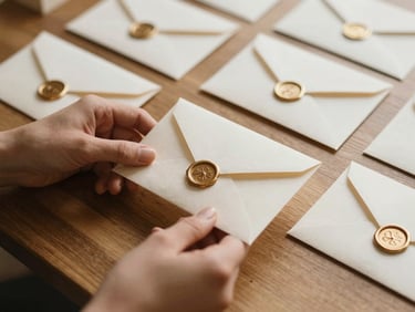 Hands of an artisan arranging delicate hand-torn cotton paper envelopes with gold wax seals on a wooden table