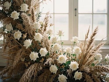 Detail of a wedding floral installation with neutral dried grasses and delicate white roses catching soft window light