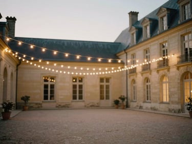 Elegant courtyard of a French château at dusk, warm fairy lights draped overhead, soft romantic atmosphere