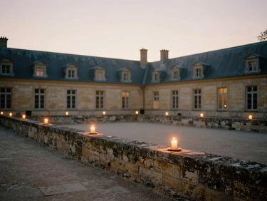 Atmospheric shot of a historic French estate courtyard at sunset, warm candles lit along stone walls, soft cinematic glow.